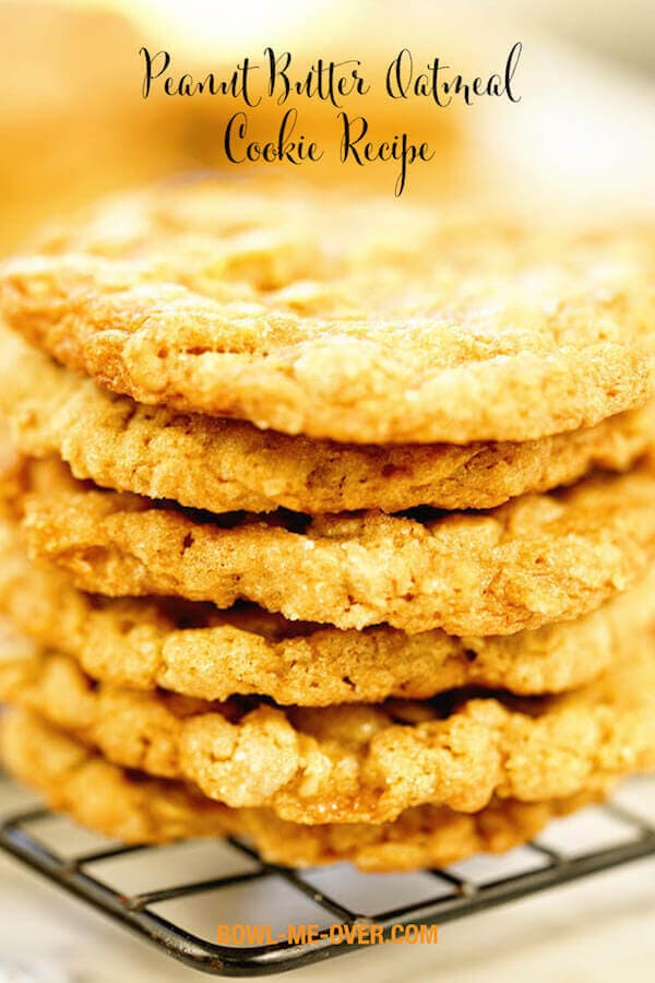 A stack of six oatmeal peanut butter cookies on a cooling rack, with print overlay.