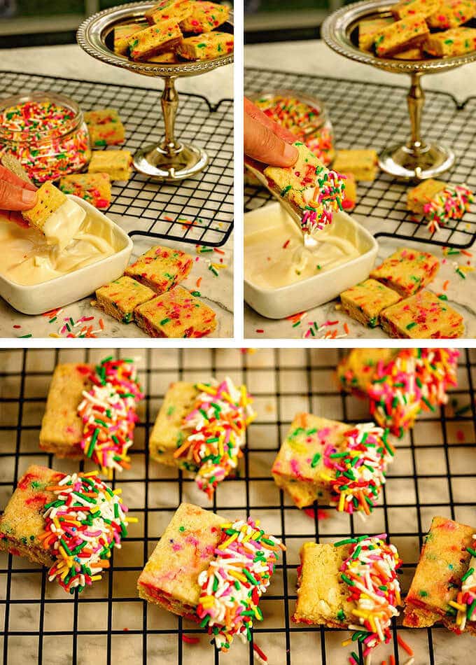 Step-by-step photos to dunk shortbread in chocolate and sprinkles