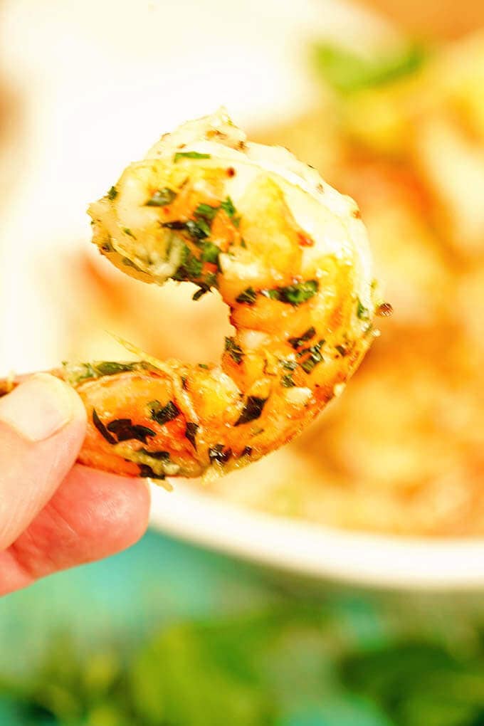 A close up of air fryer shrimp with parmesan garlic seasoning.