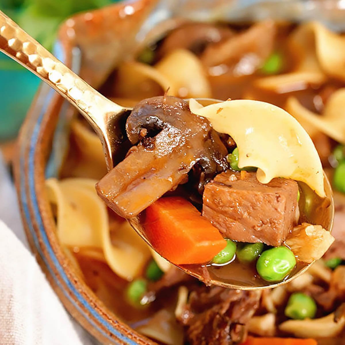 Beef Noodle Sou in bowl with serving spoon.