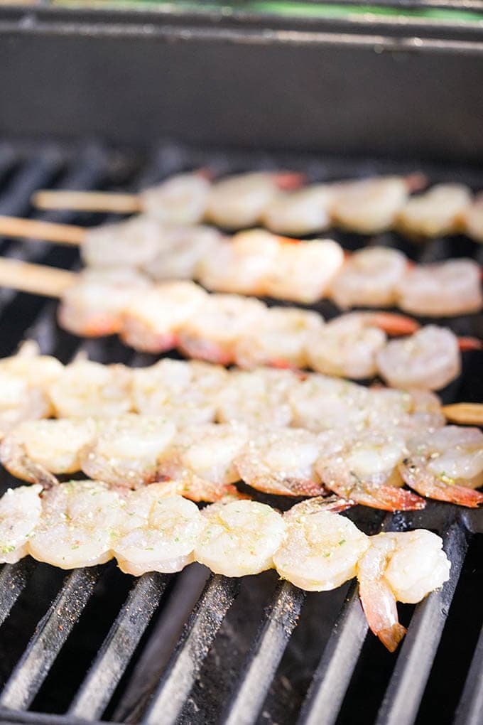 Shrimp skewers on the grill.
