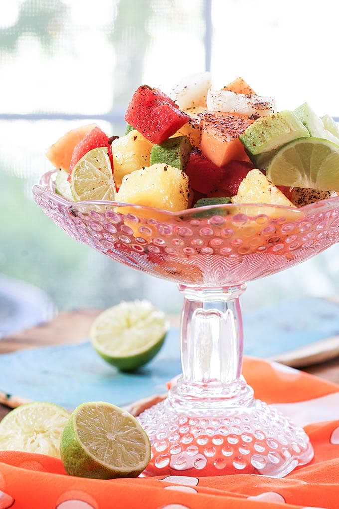 Mexican Fruit Cocktail in Pink glass bowl.