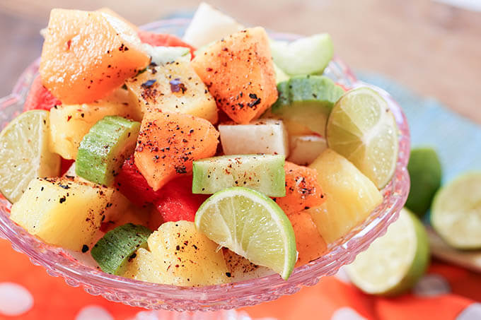 Mexican Fruit Salad in pink glass bowl