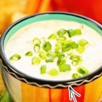 Onion Dip in a colorful bowl topped with fresh sliced green onions.