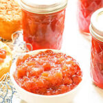 Strawberry Rhubarb Jam in jars and bowl.