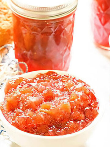 Strawberry Rhubarb Jam in jars and bowl.