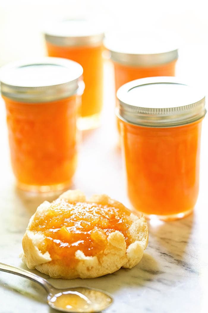 Apricot pineapple jam on English muffin. 