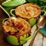 Turkey Pot Pie in green ramekin with spoon.