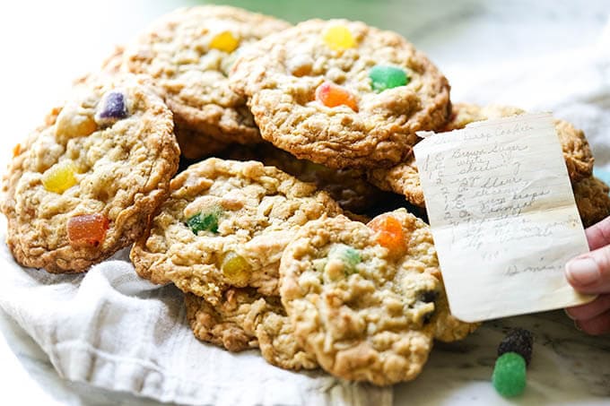 Gumdrop Oatmeal Cookies on platter with recipe