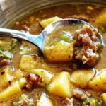 Okra Stew Recipe in bowl with soup spoon.