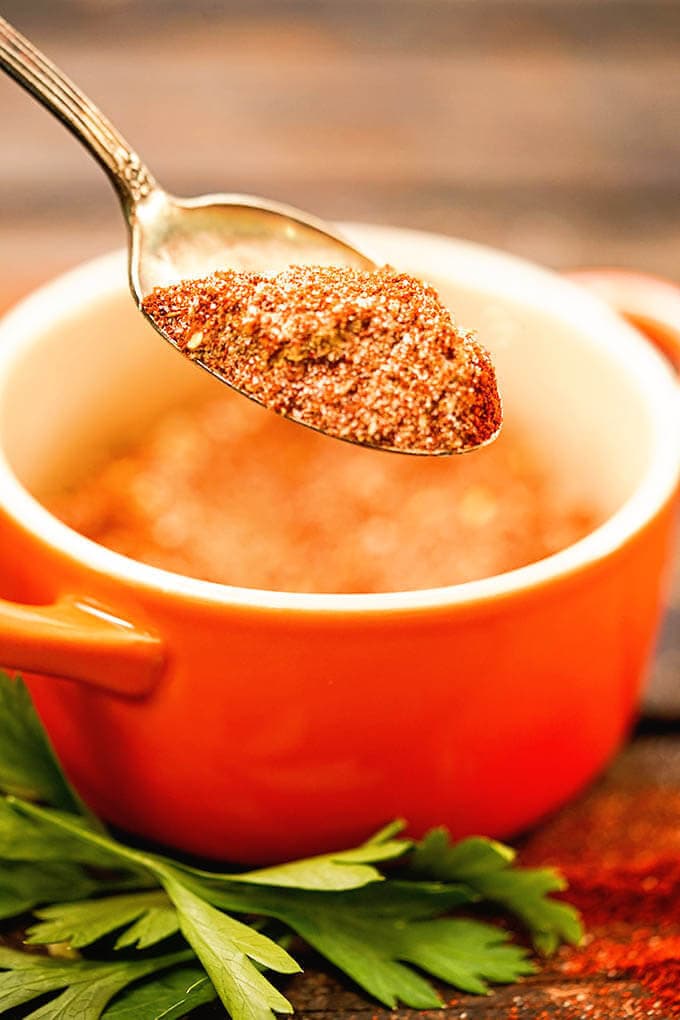 Homemade Fajita Mix Recipe in orange bowl with spoon