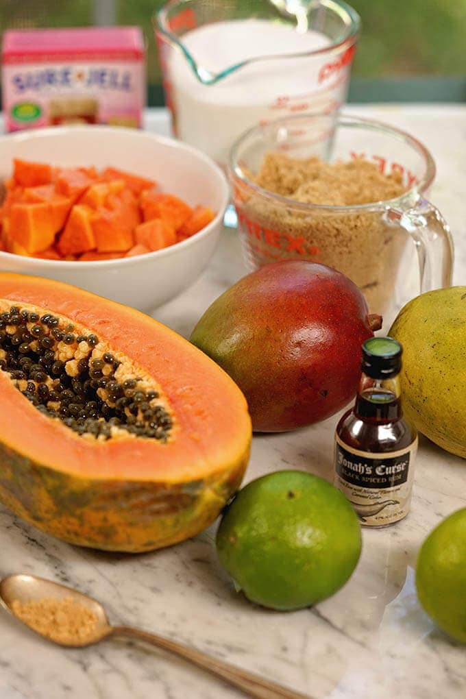 Papaya Jam ingredients - papaya, sugar, mango, rum and pectin