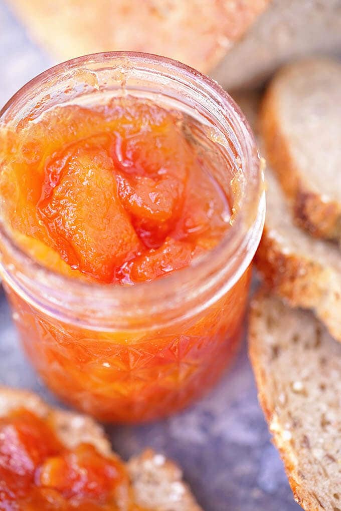 Sweet Papaya Jam in jar served with toasted bread.