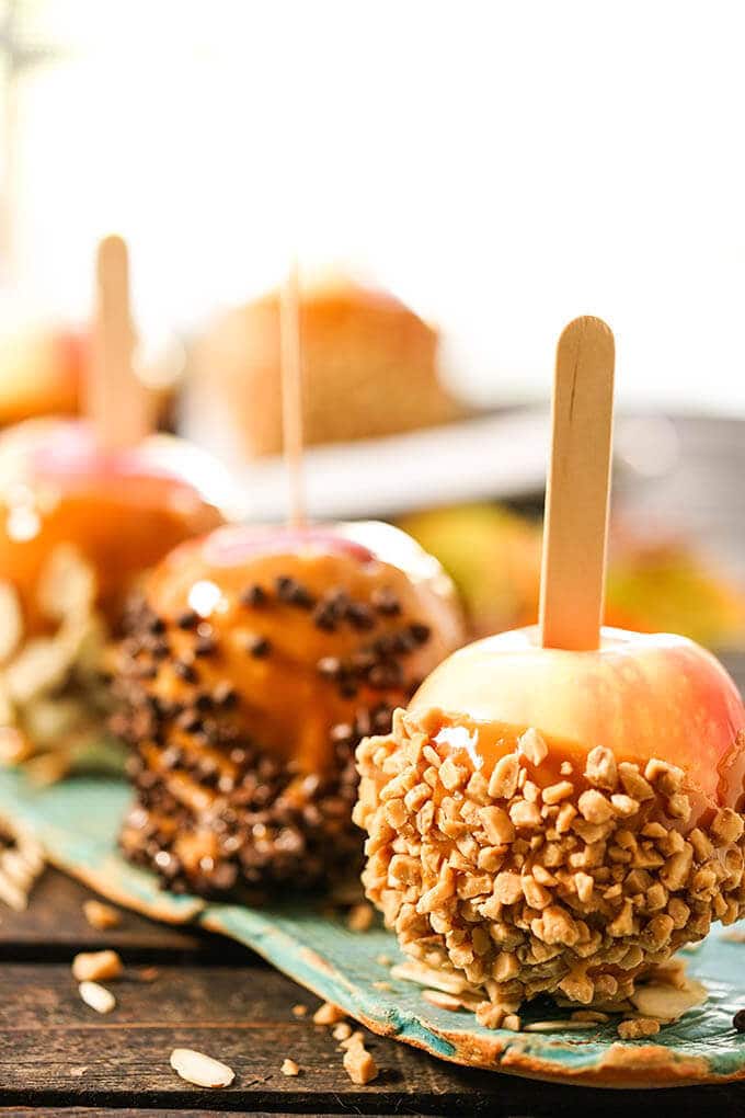 Toffee Candy Apples on blue platter.