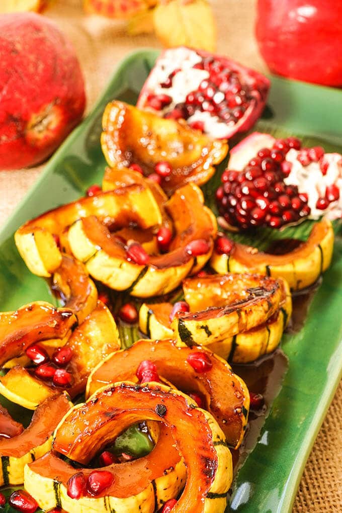 Roasted Delicata Squash Recipe on green platter with glaze
