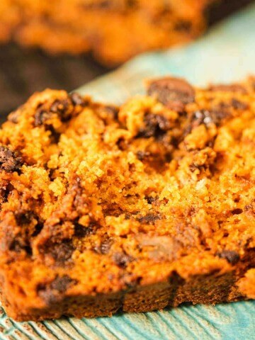 Chocolate Chip Pumpkin Bread Recipe on blue plate