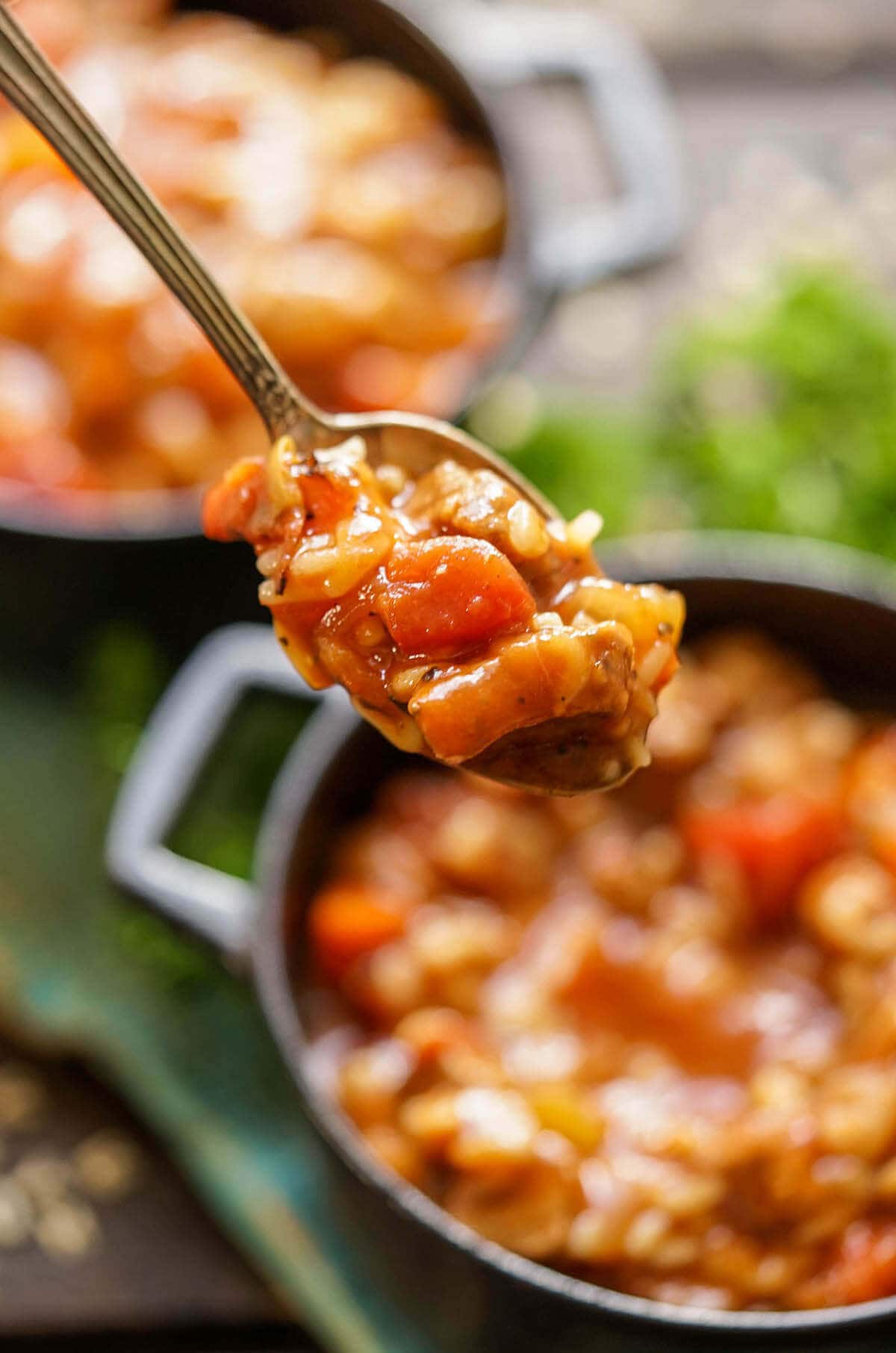 Spoon filled with pasta soup.