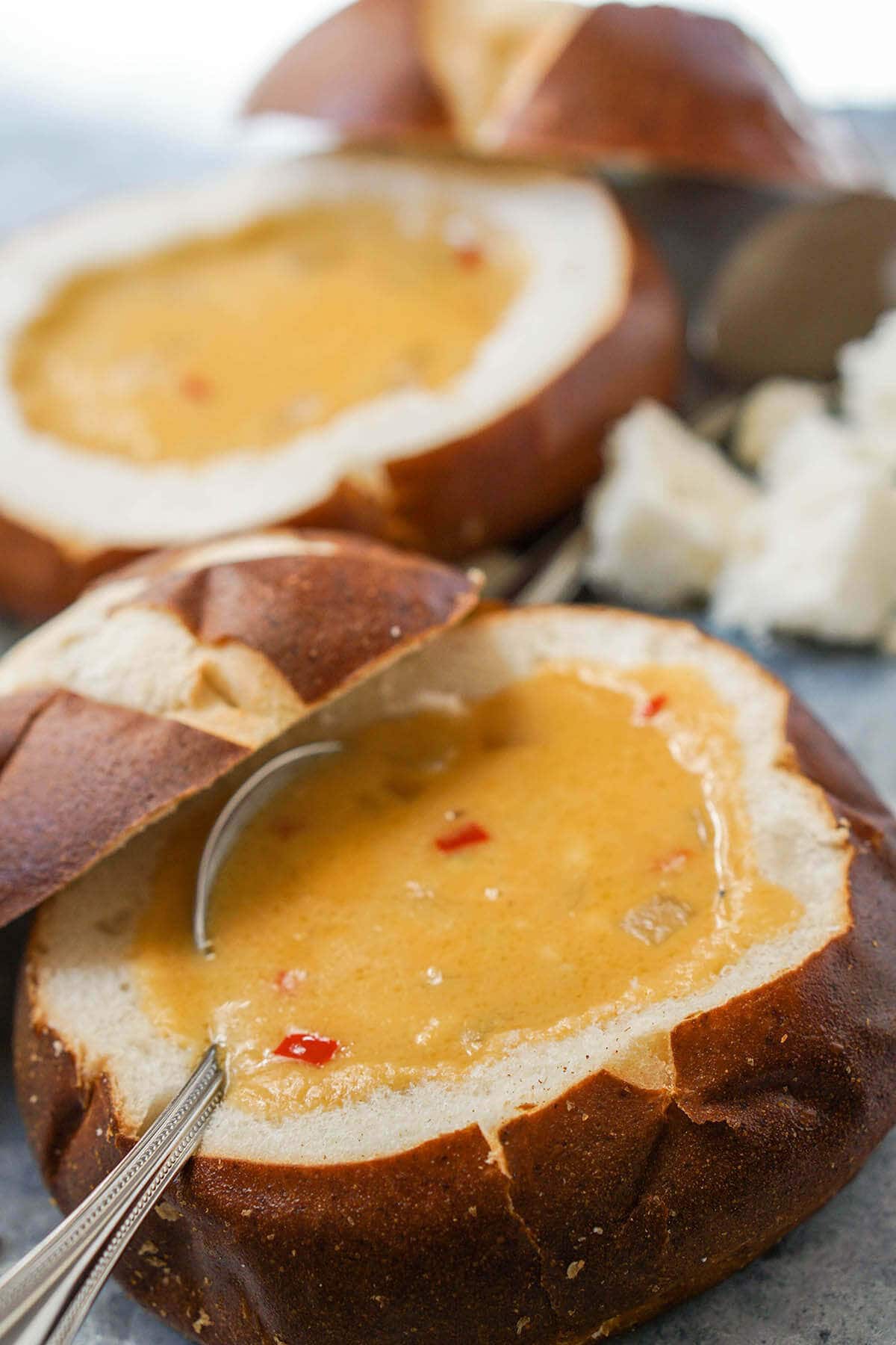 Wisconsin Beer Cheese Soup in bread bowls.