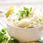 Cilantro Lime Rice in white bowl with chips.