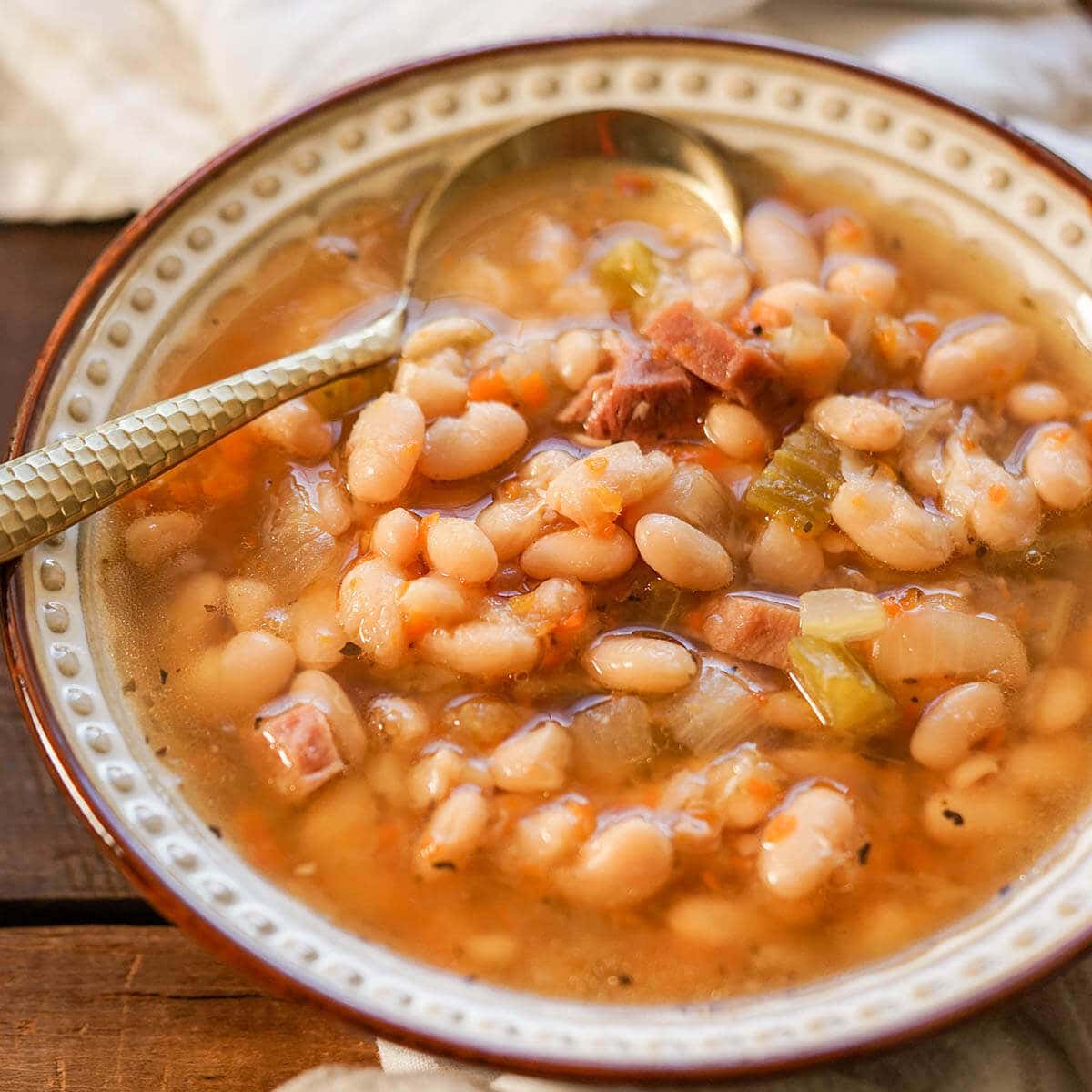 Navy Bean Soup in White Bowl with spoon.