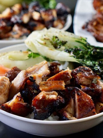 Grilled Teriyaki Chicken in a white bowl with vegetables