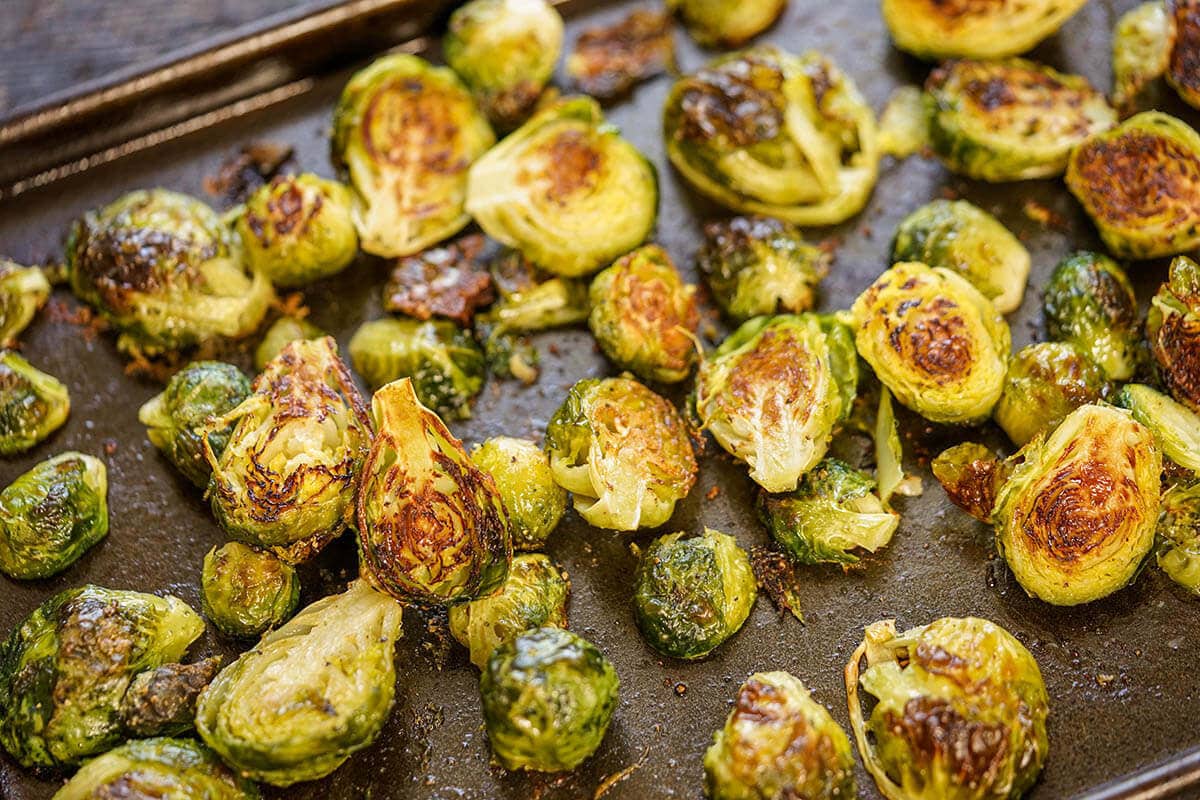 Oven Roasted Brussels sprouts recipe on sheet pan.