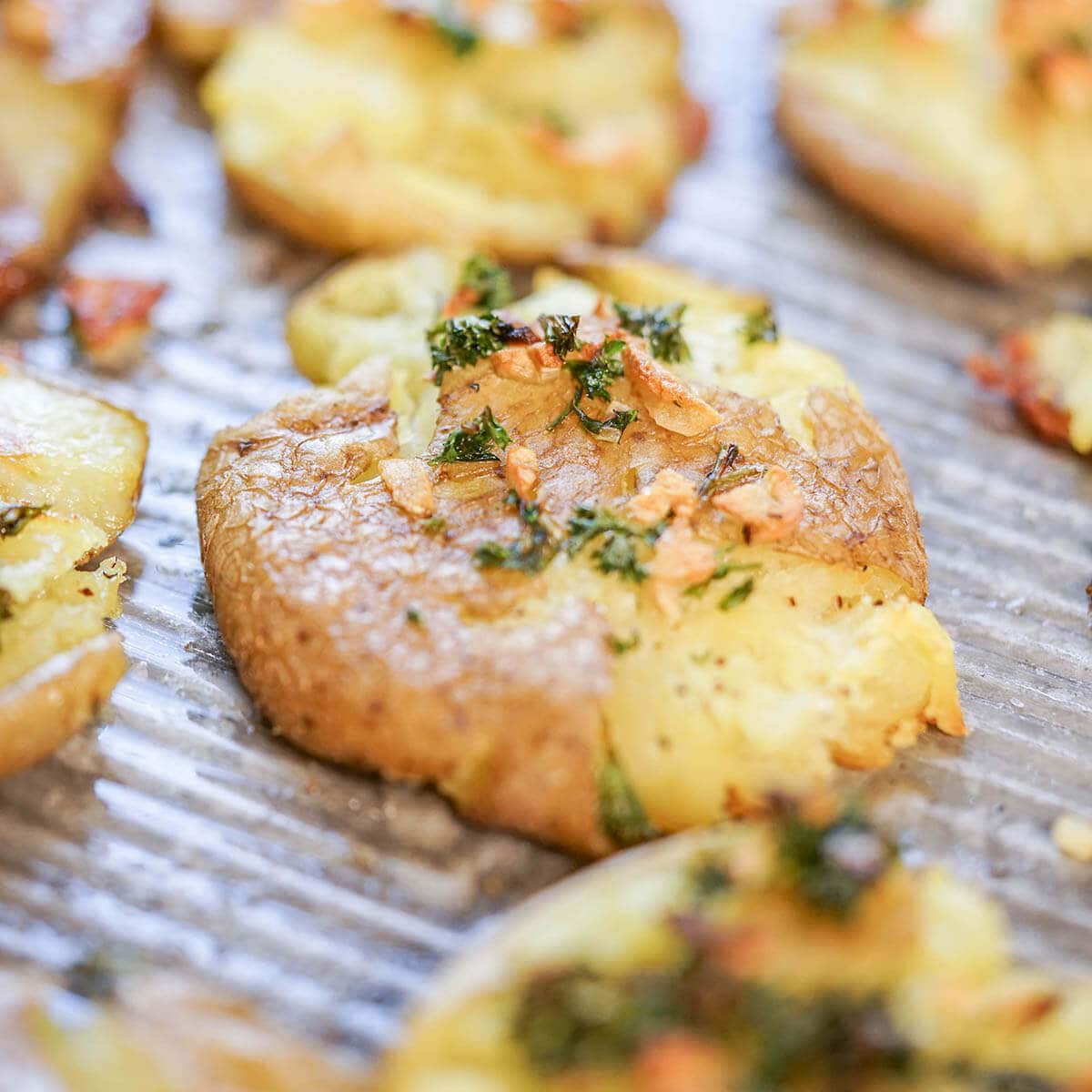Smashed potatoes on sheet pan that have been baked until crispy.
