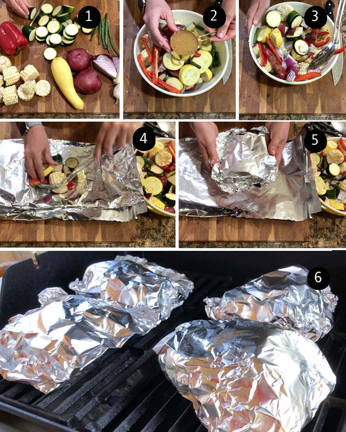 Step by step instruction to make and grill vegetable packets, with print overlay. 