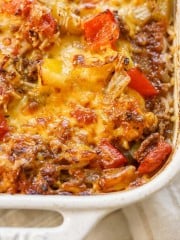 Stuffed Bell Pepper Casserole in white dish.