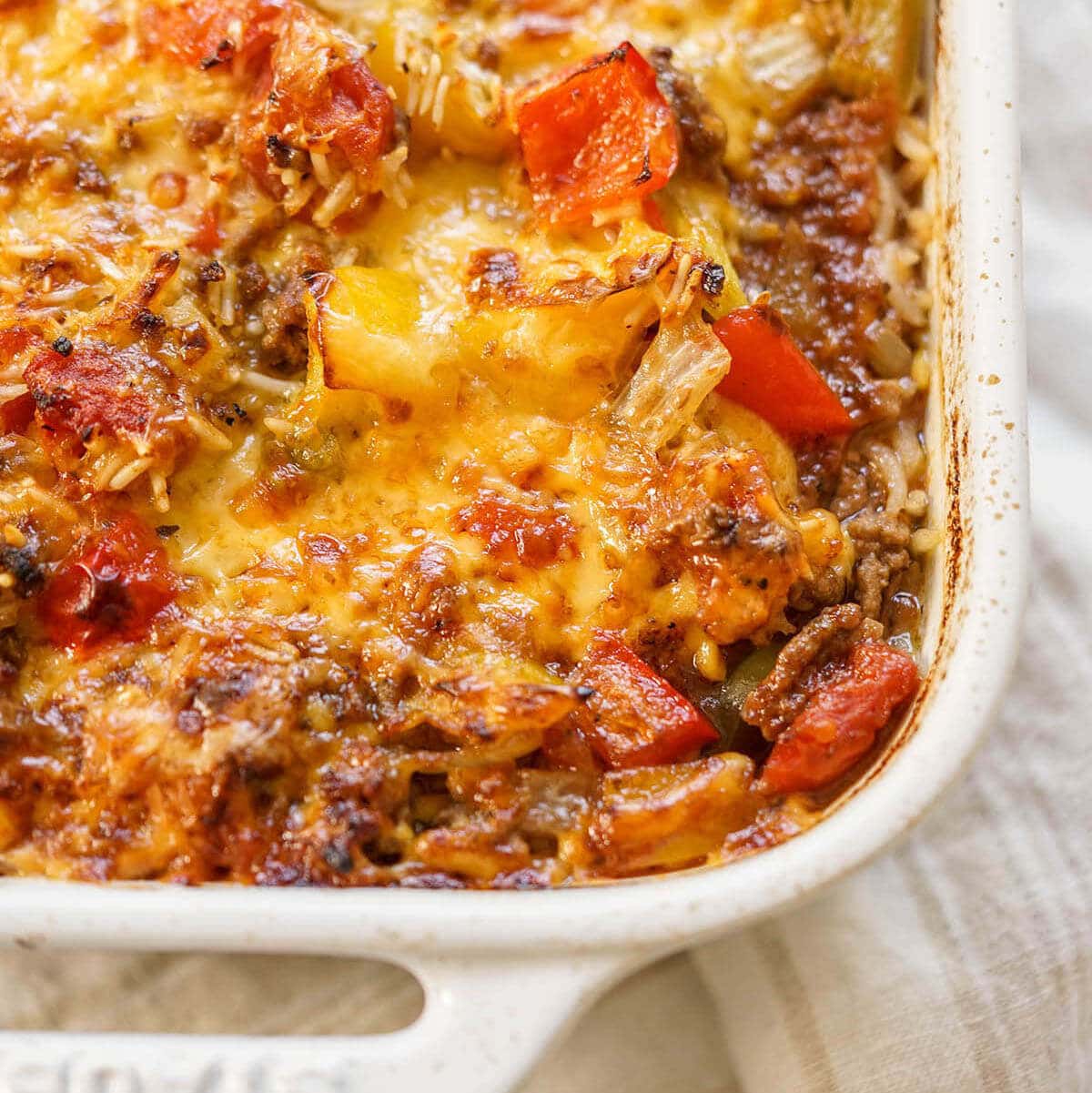 Stuffed Bell Pepper Casserole in white dish.