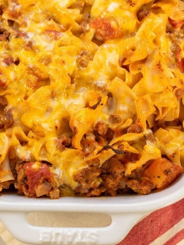Beef and Noodle Casserole topped with melted cheese.