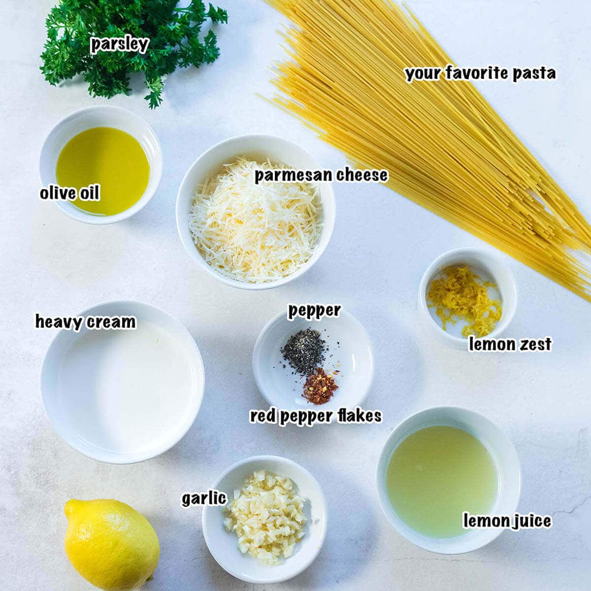 All of the ingredients needed for lemon garlic pasta