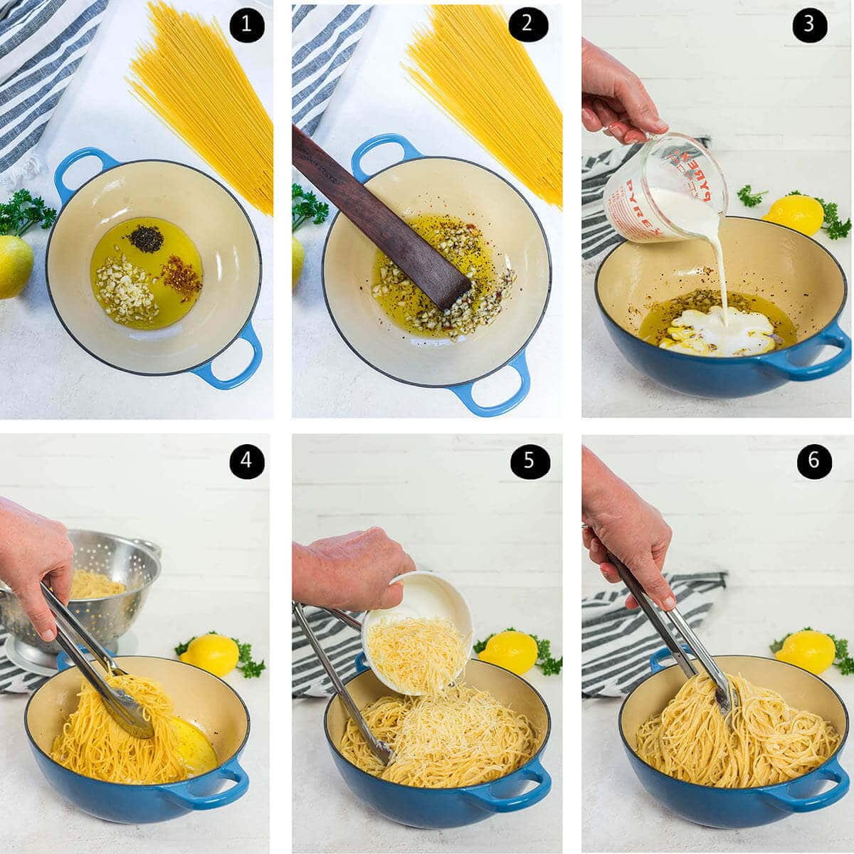 Step by step photos showing how to make Lemon Garlic Pasta Recipe