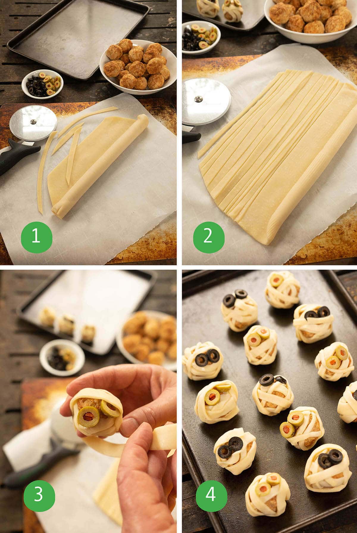 Collage of photos with step by step instructions to make appetizer.