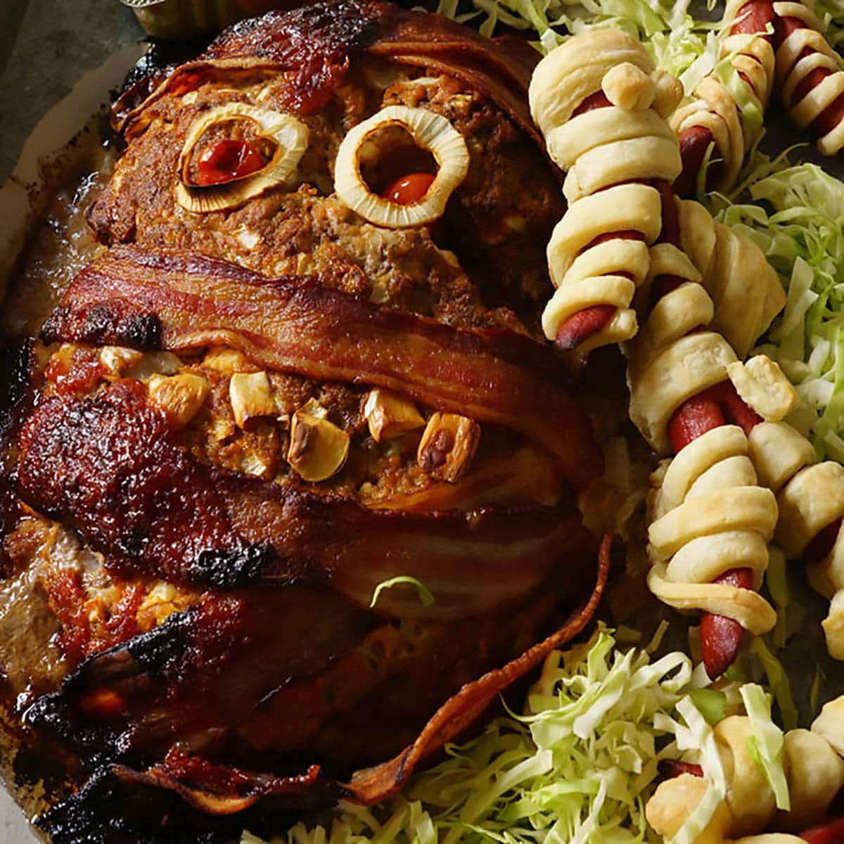 A mummy meatloaf for easy halloween party food