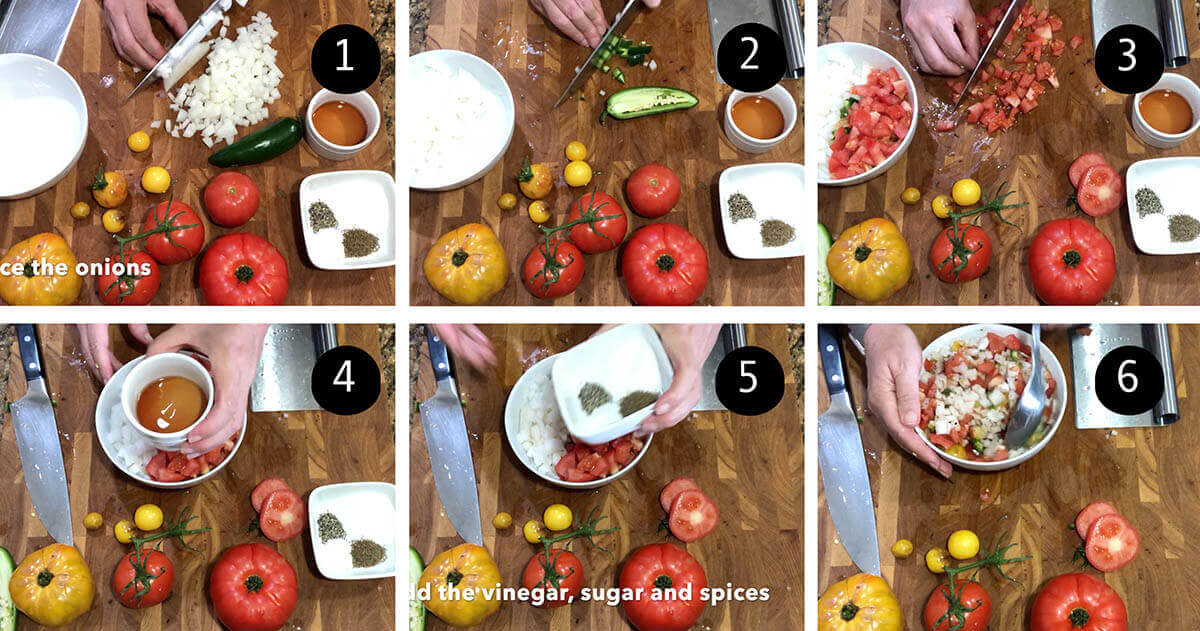 Step by step images showing how to make relish recipe.