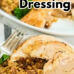 Turkey on plate with stuffing and cranberry sauce with Pinterest overlay.