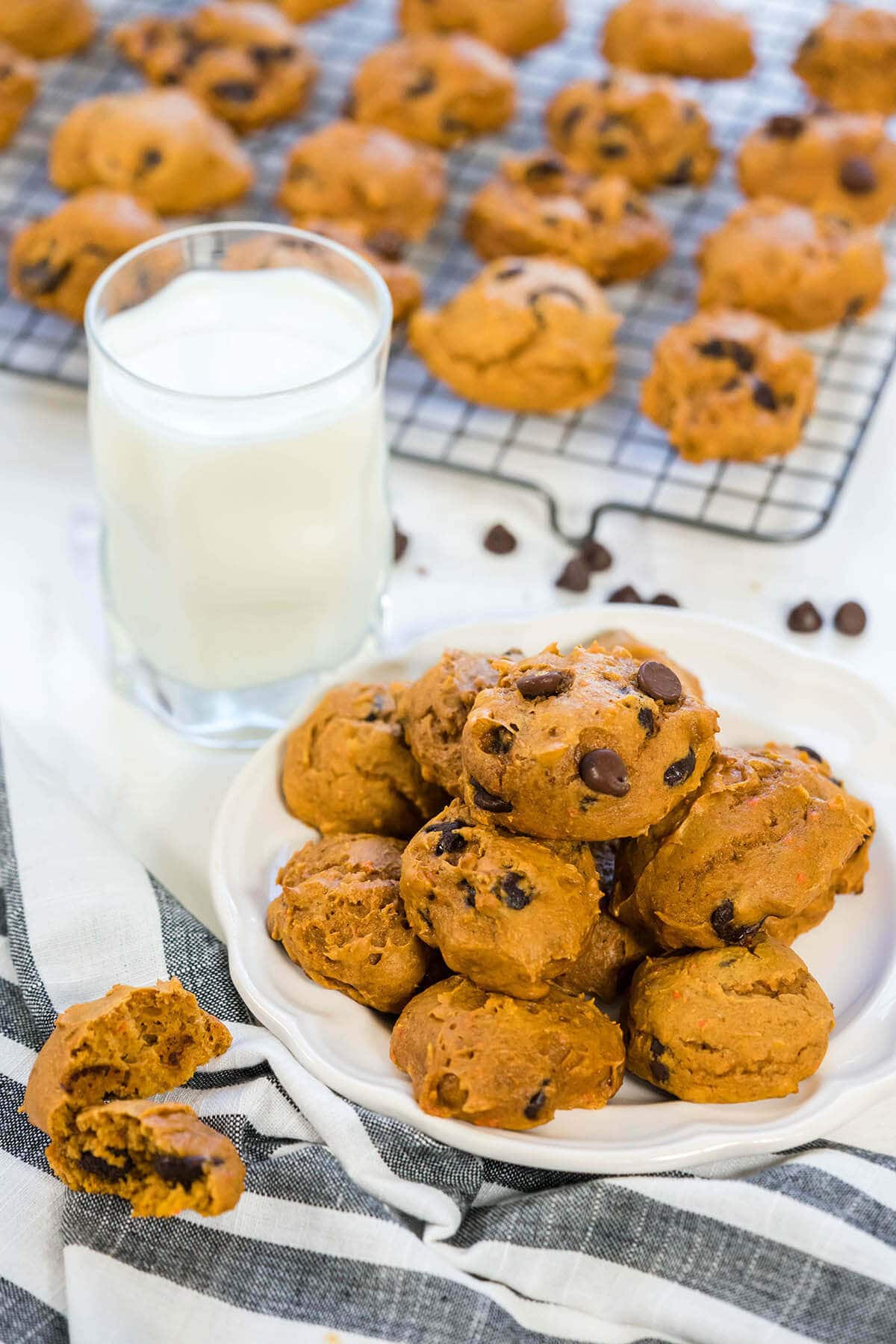 Chewy Pumpkin Chocolate Chip Cookies with a glass of milk.