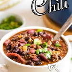 Bowl of chili with a spoon and a title text overlay for Pinterest.