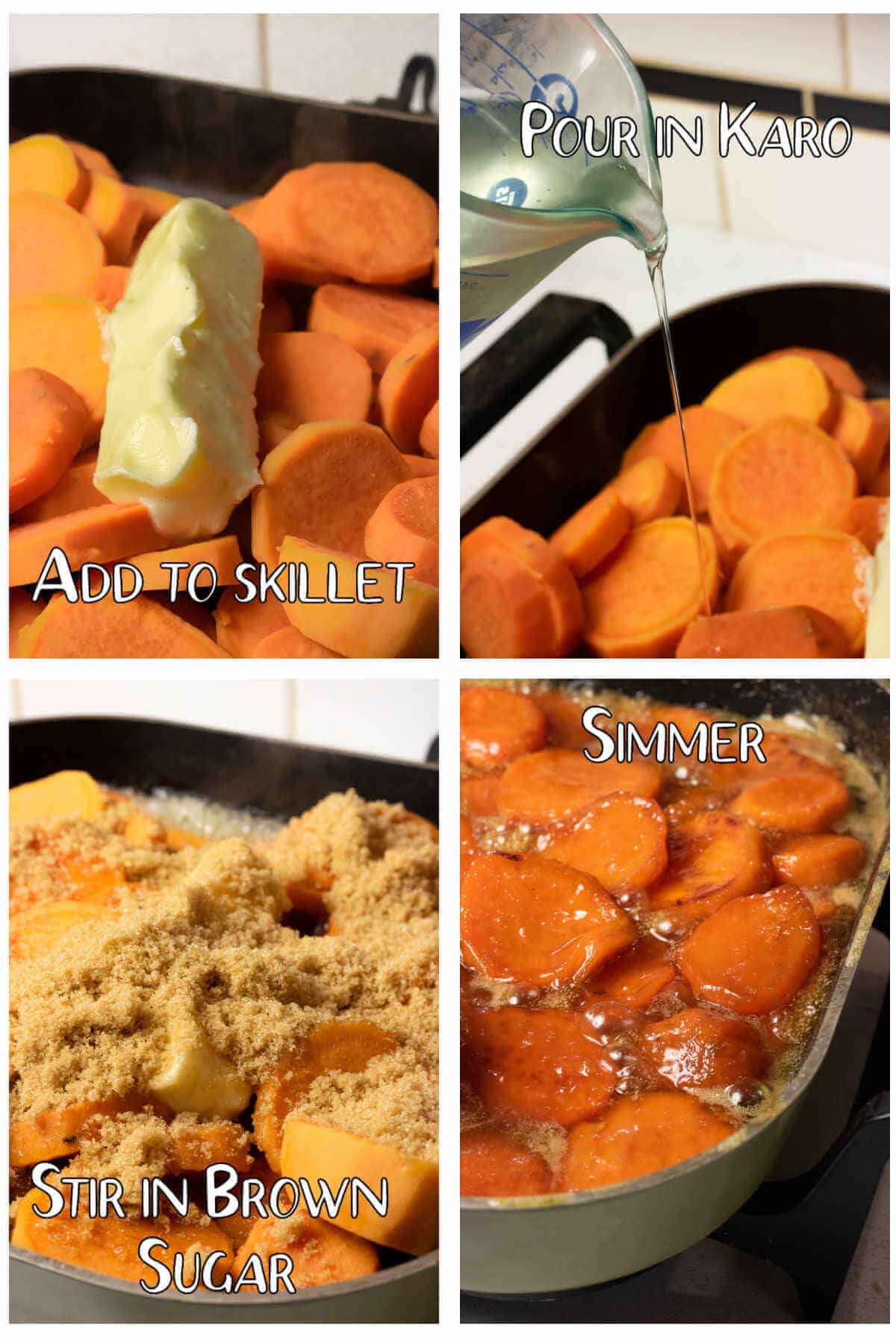 Photos showing how easy it is to make candied sweet potatoes.