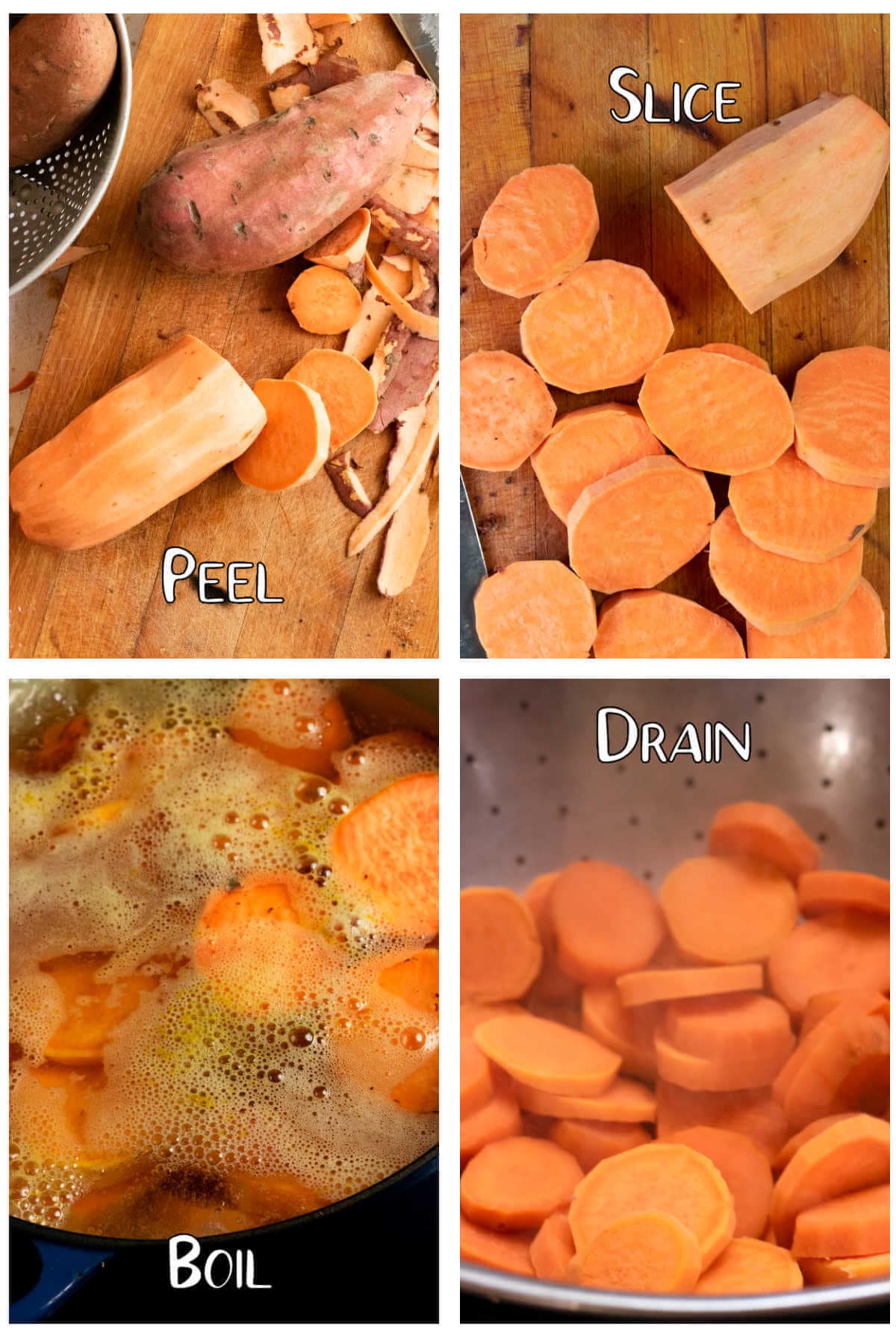 Photo Instructions showing how to peel, slice, boil and drain potatoes.
