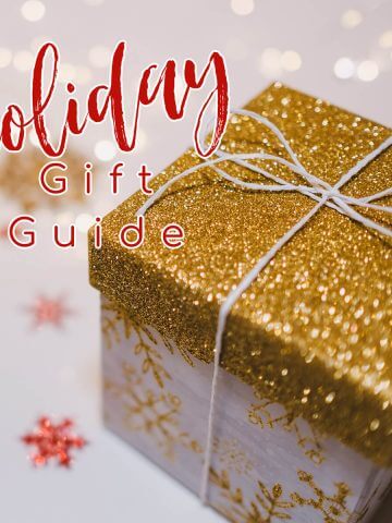 Box wrapped in holiday paper with holiday gift guide overlay.