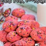 Strawberry Funfetti Cookies on plate with milk and Pinterest overlay.