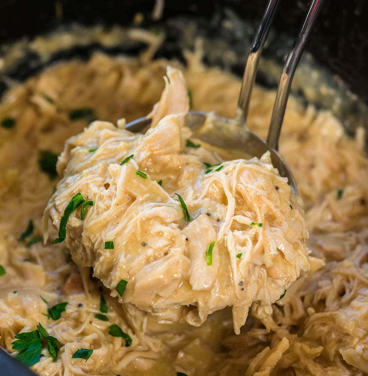 Slow cooker filled with chicken and gravy with ladle of meat.