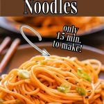 Sesame noodles topped with thinly sliced green onions and black sesame seeds. With Pinterest overlay.