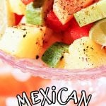 Fresh diced tropical fruit sprinkled with chili powder and topped with fresh squeezed lime.