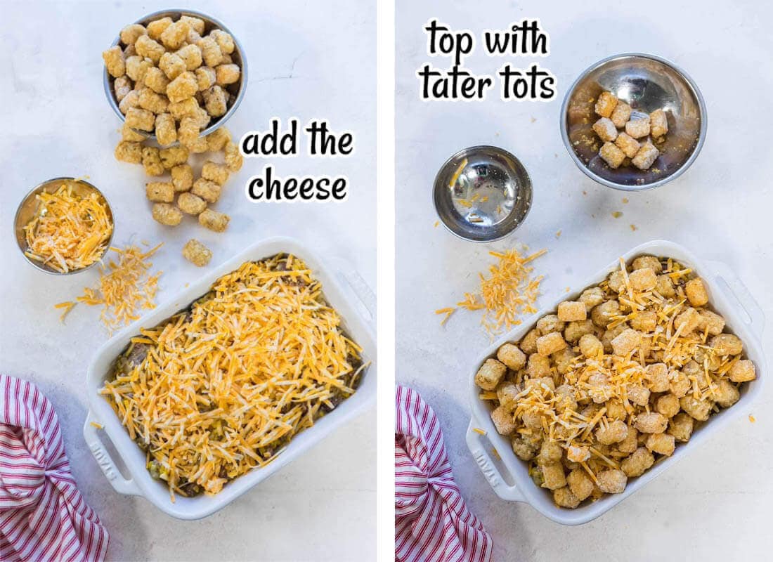 Photos of the final two steps to make tater tot casserole. With print overlay.