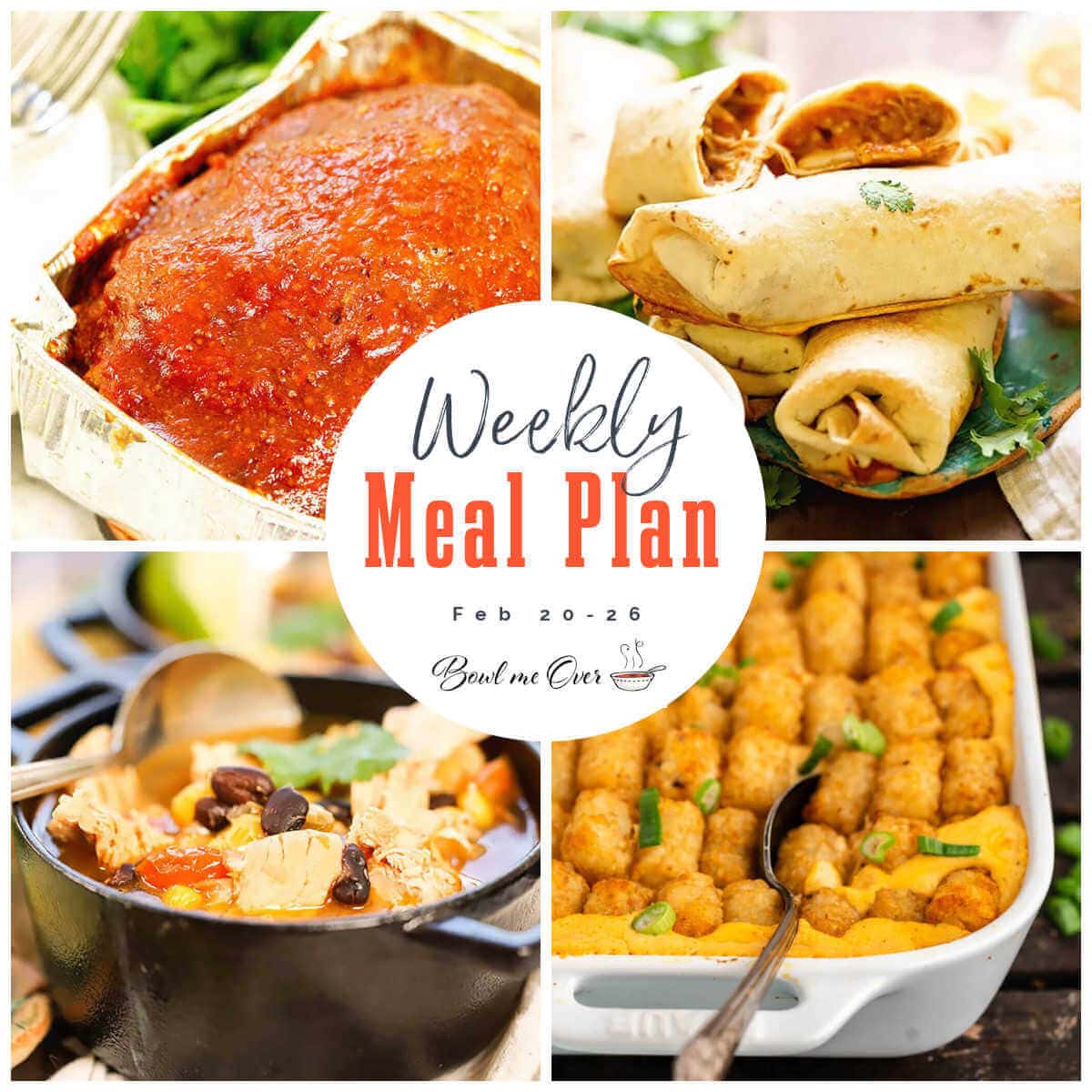 Collage of photos for weekly Meal Plan 8 February 20-26. With print overlay.