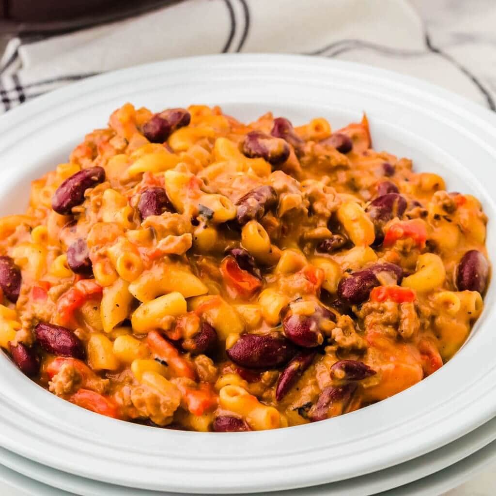 Chili Mac in white bowl.