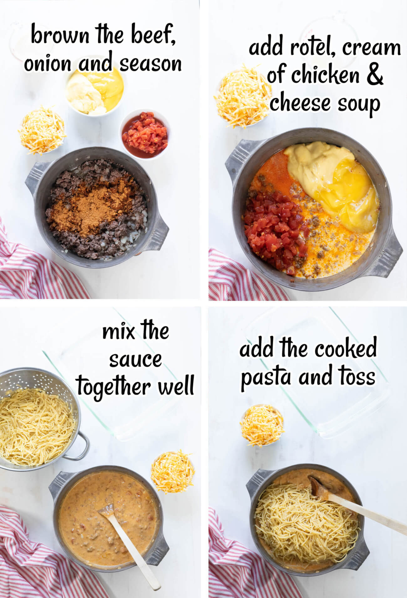 photo collage showing the first four steps to make taco spaghetti recipe.